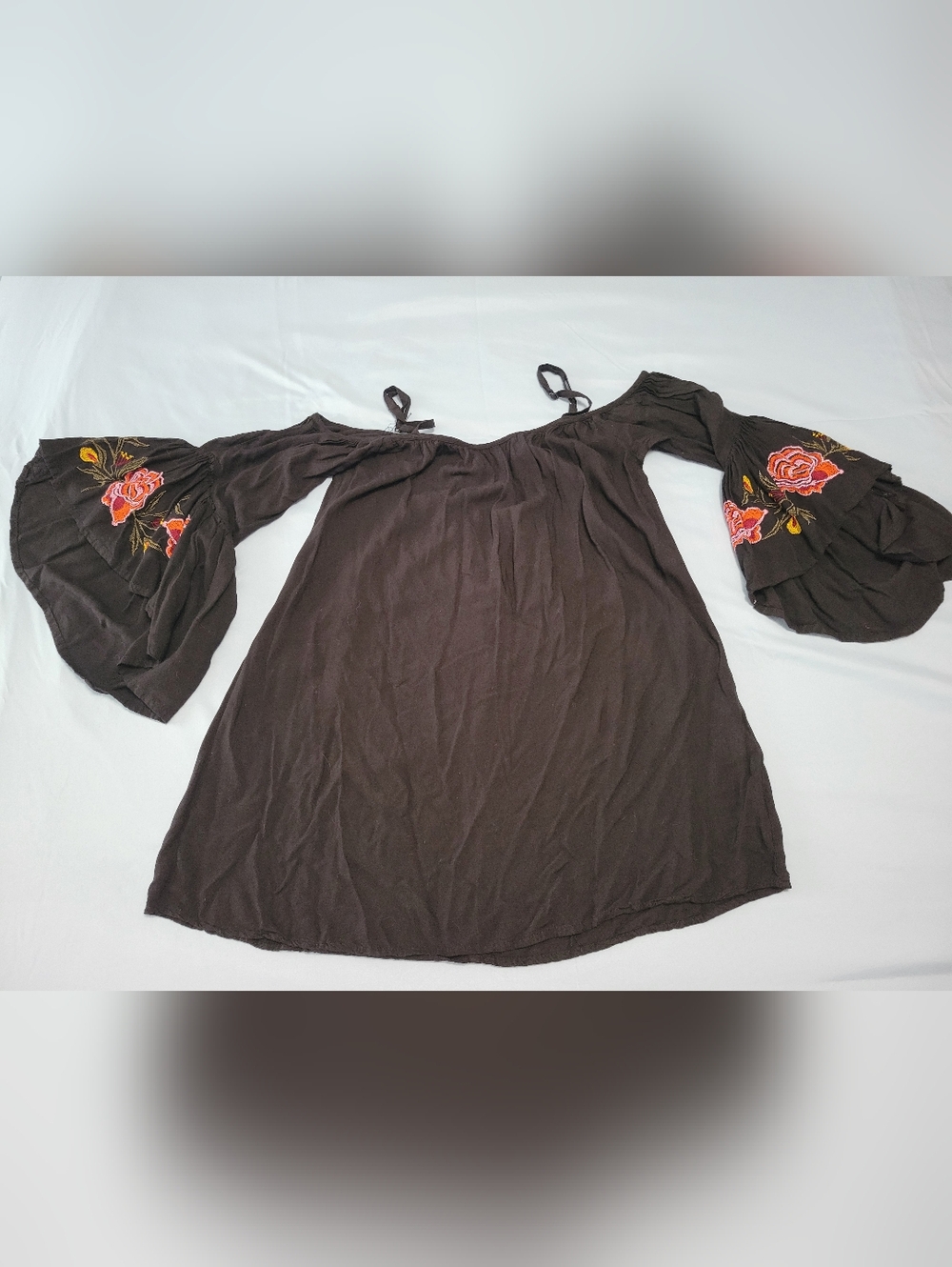 feathers Black Off-Shoulder Top / Dress with Gathered Neckline